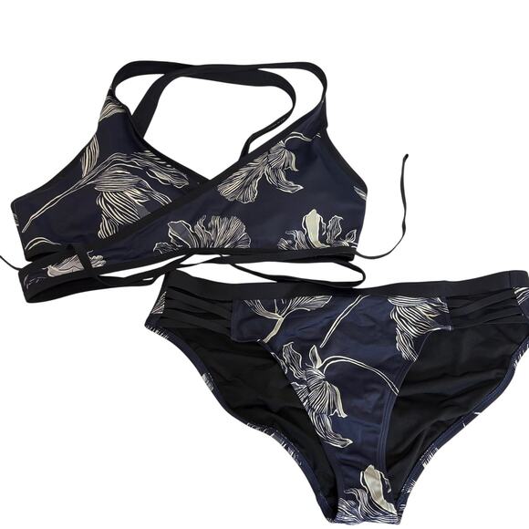 Athleta -Navy Fiore 2 Piece Bikini Swimsuit Wrap Top Full Bottoms-Women's Sz Med - Picture 2 of 8